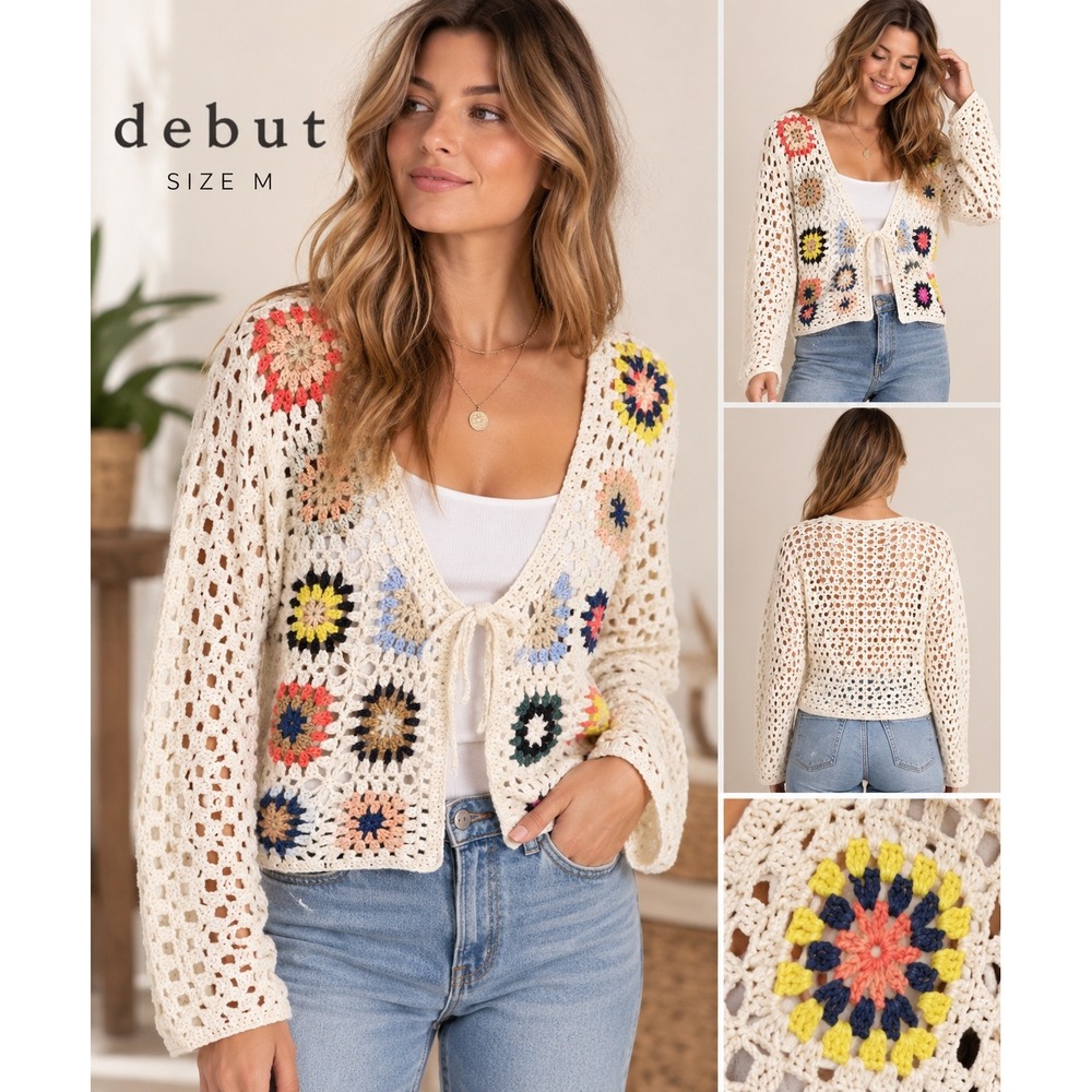 Debut Crochet Granny Square Cardigan Cream Multi Color Boho Cropped Tie Front M